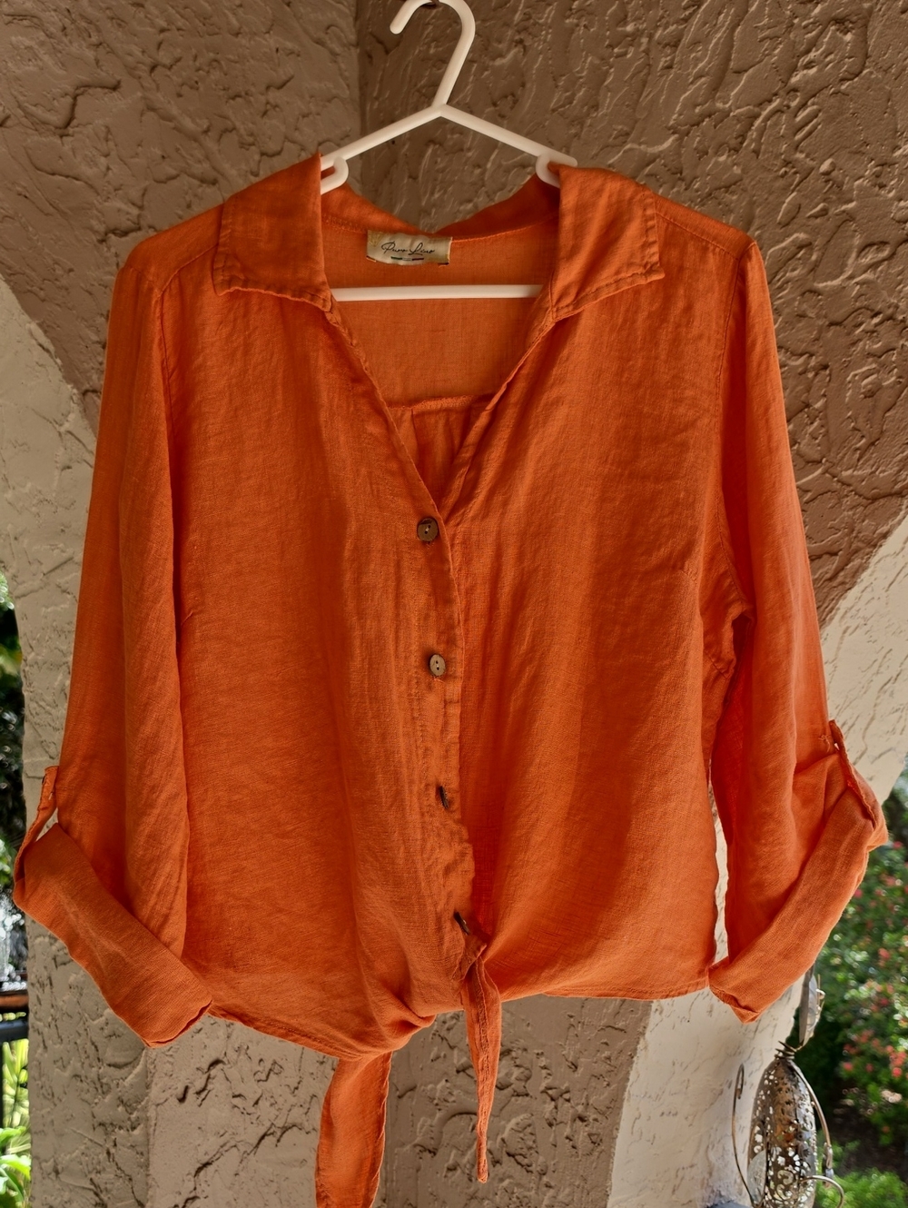 Women's Orange Tie-Hem Button-Down Linen Shirt